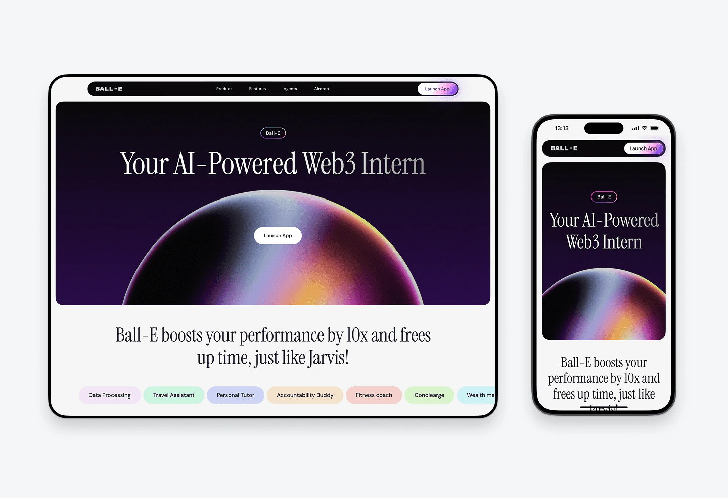 Ball-E as an AI-powered Web3 intern, on desktop and mobile