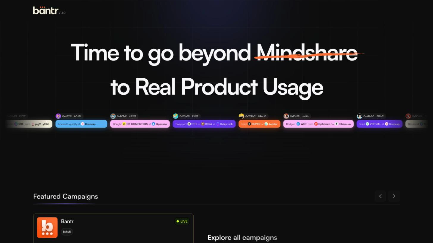 Bantr landing page: time to go beyond mindshare to real product usage, over a stream of onchain actions