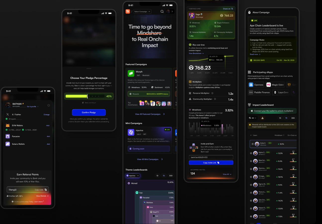 Bantr on mobile: profile and wallets, reward pledging, campaigns, the Rizz card and a campaign leaderboard