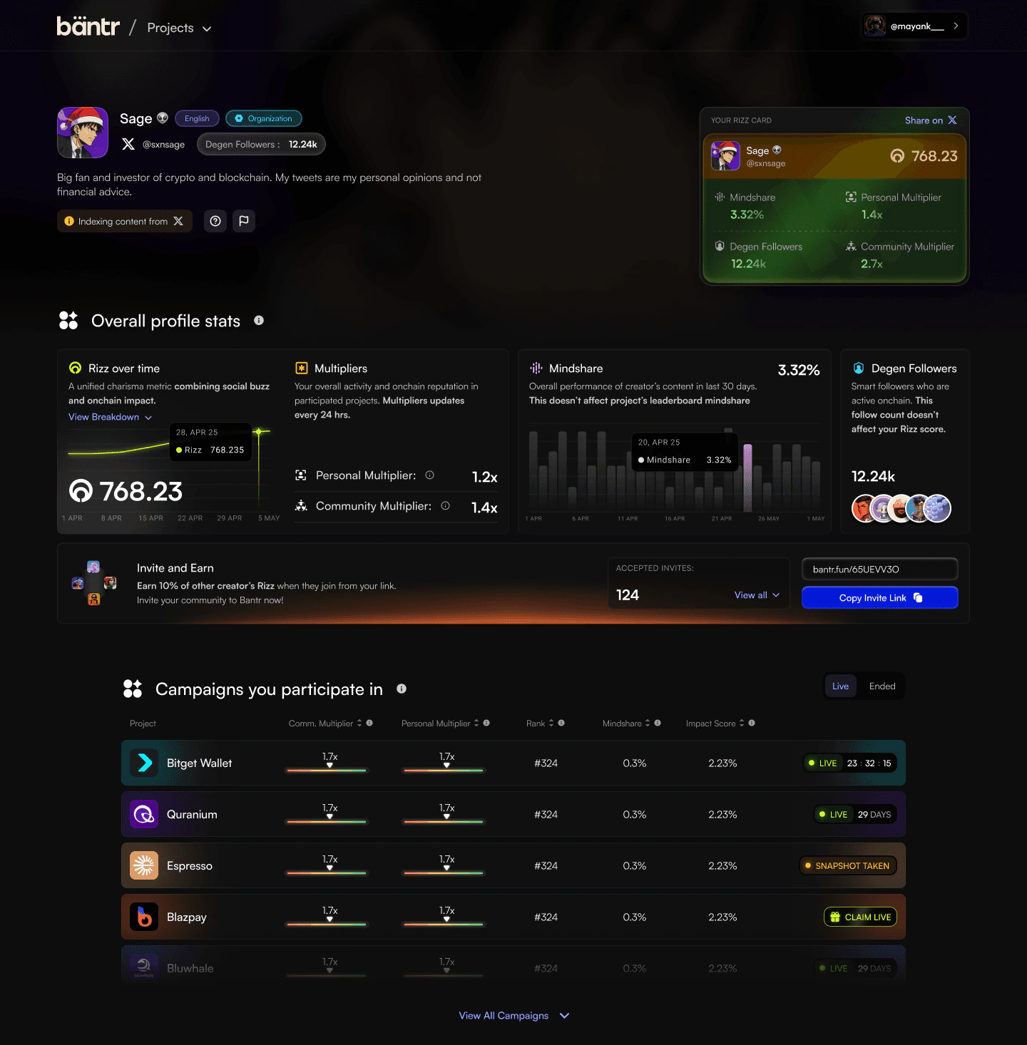 A creator profile with Rizz, mindshare and campaign history