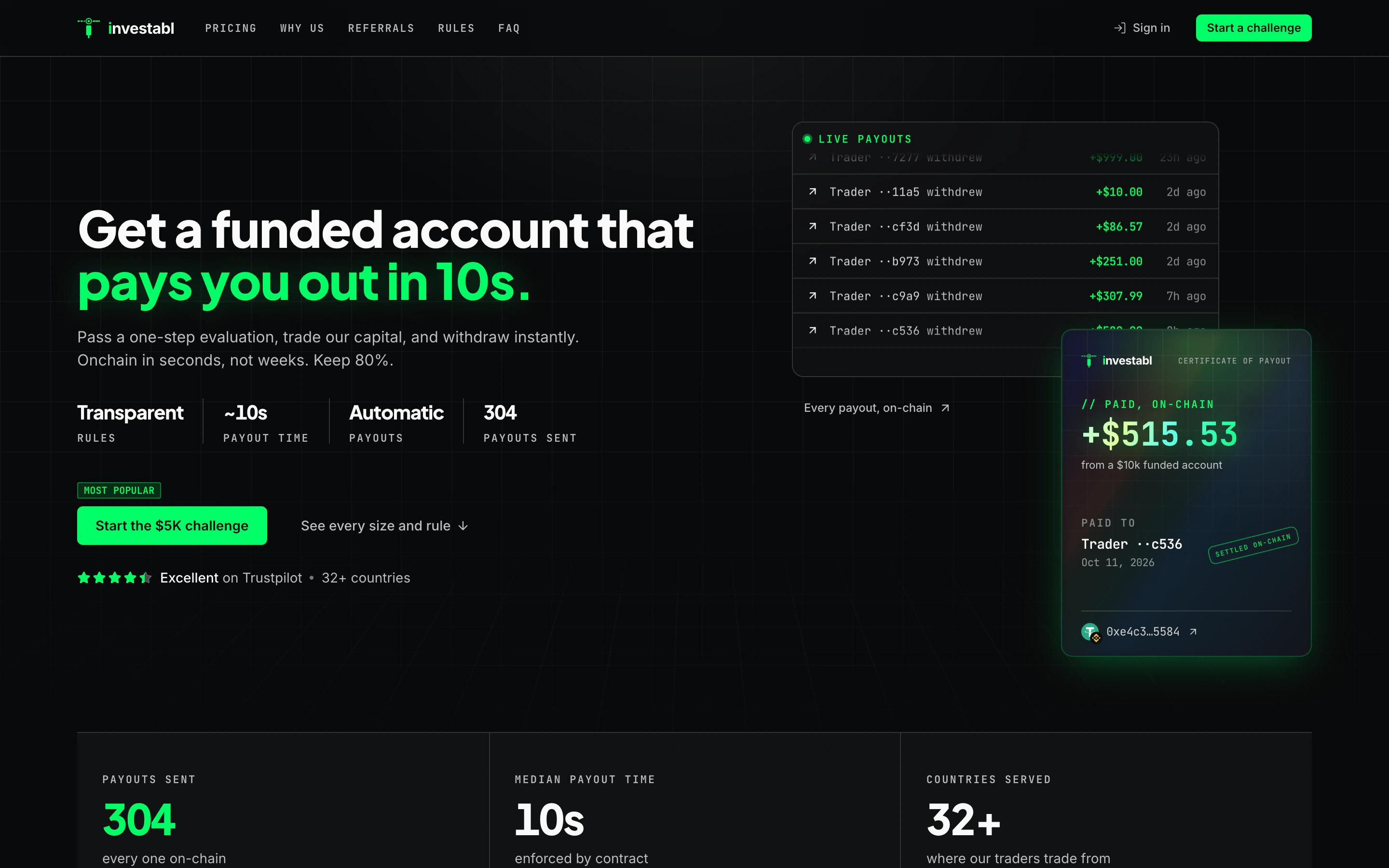 investabl landing page with a live onchain payouts feed and a payout certificate