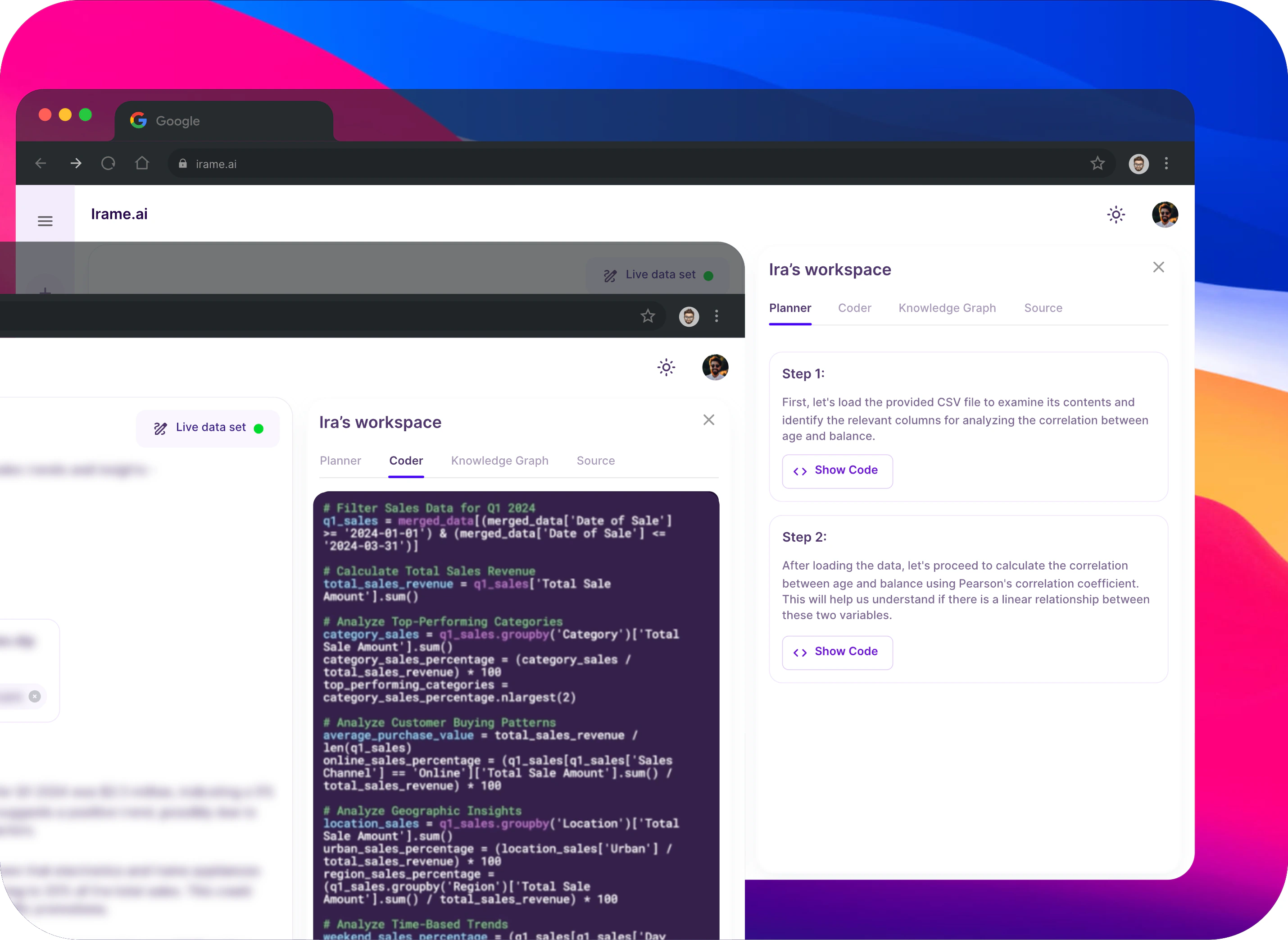 irame.ai: IRA’s workspace, with the step-by-step planner beside the generated analysis code