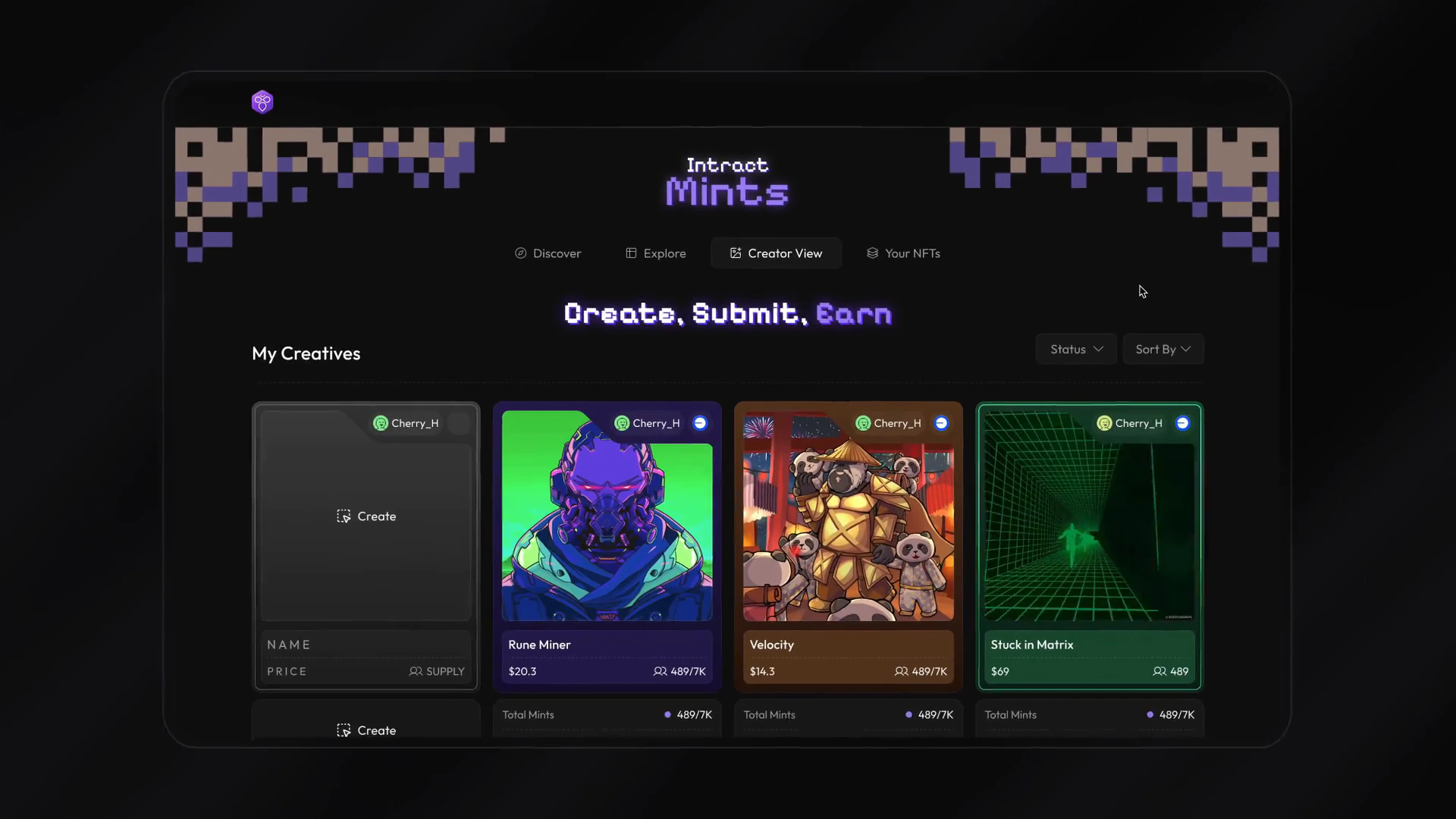 Intract Mints creator view: my creatives, with mint stats