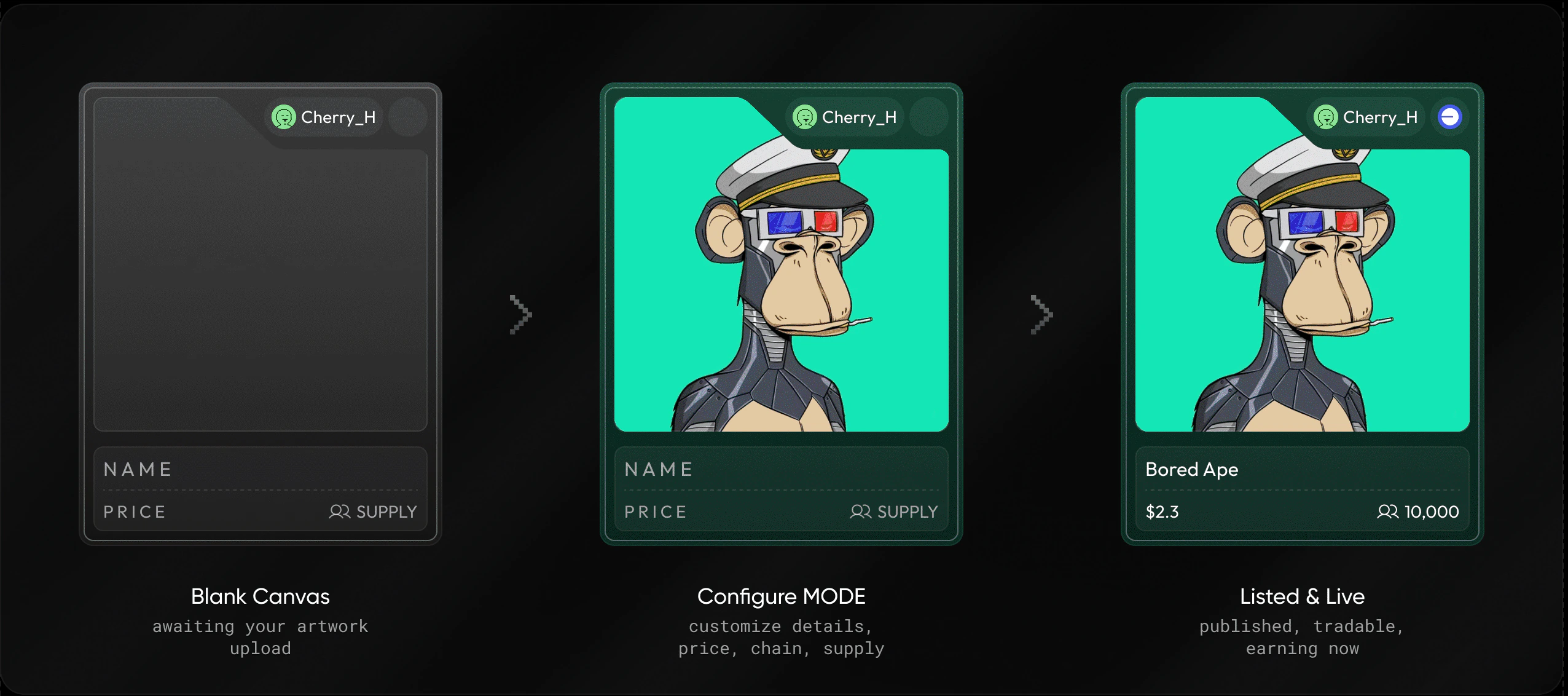 From blank canvas to configured card to a listed, tradable NFT