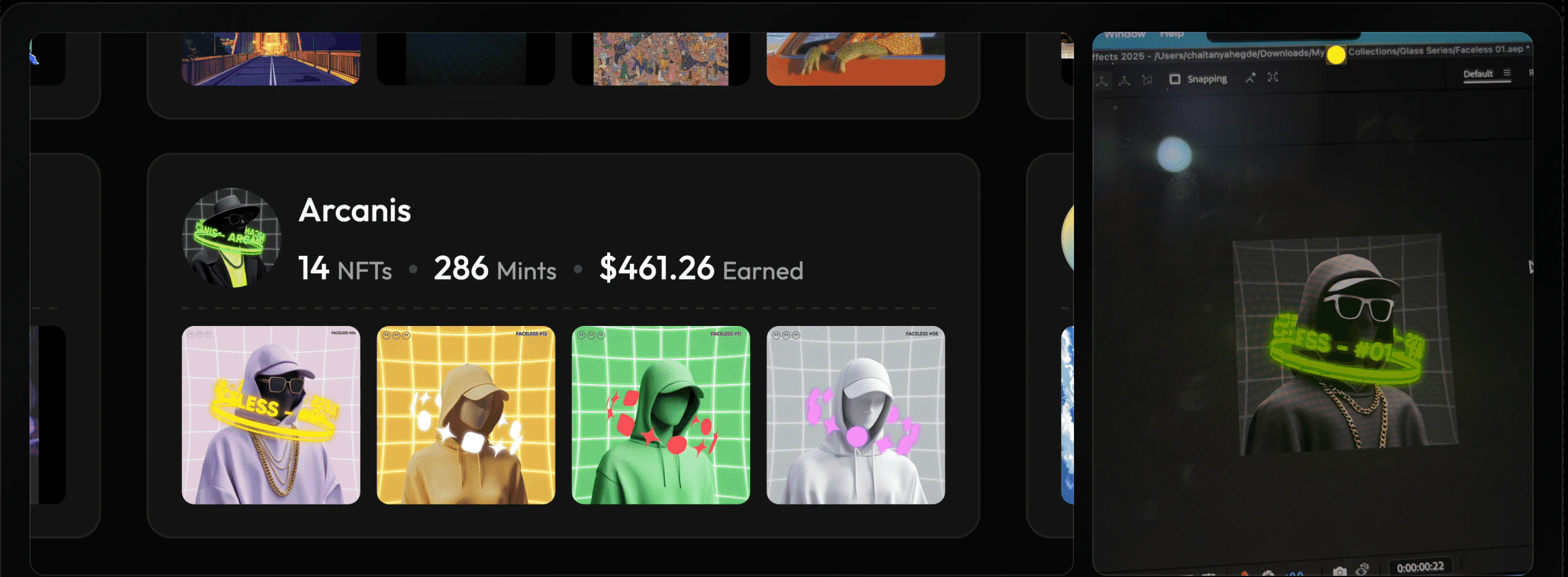 A creator profile with NFTs, mints and earnings