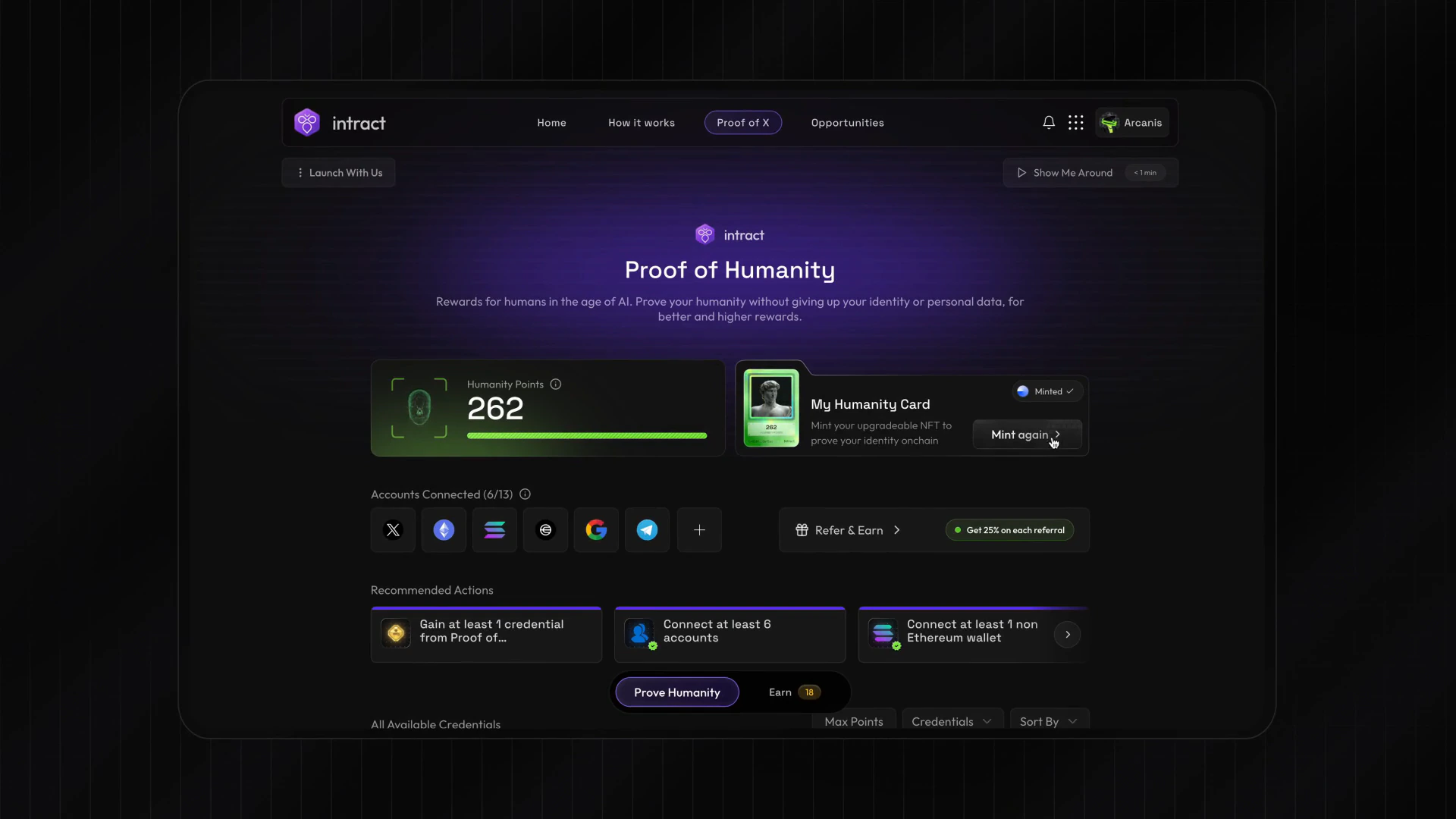 Proof of Humanity dashboard showing a humanity score and identity card