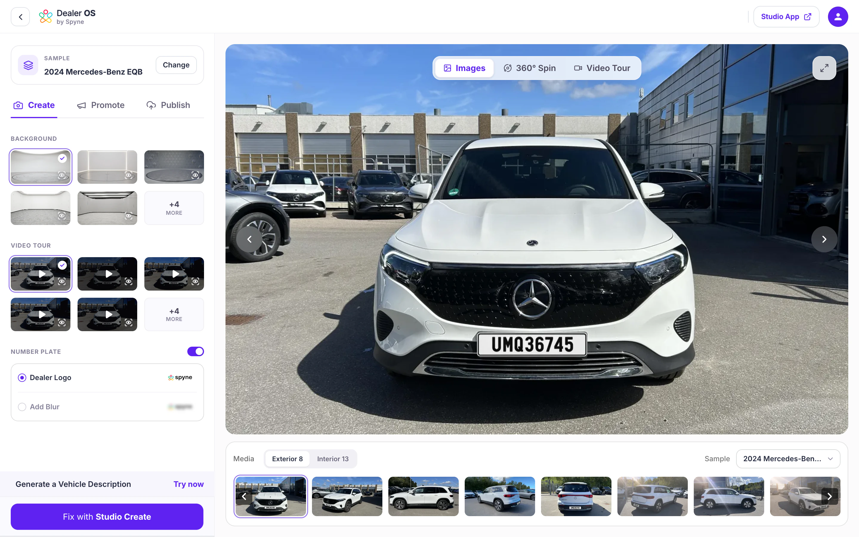 Spyne Console with a dealer’s lot photos of a Mercedes-Benz EQB loaded, before Virtual Studio processing